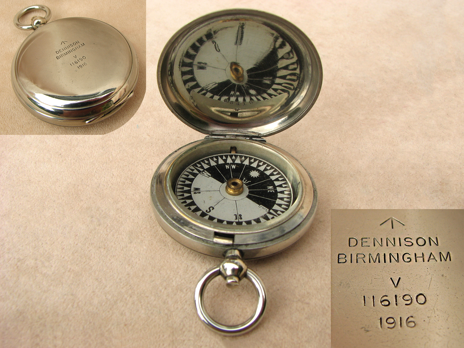 WW1 Dennison MK V pocket compass with Singers Patent style dial dated 1916